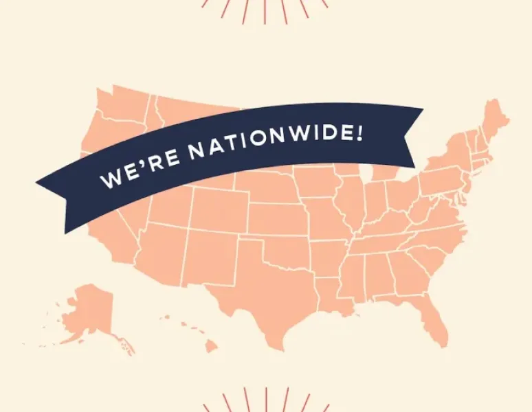An illustration of a map of the united states with a blue banner that reads "We're Nationwide!".
