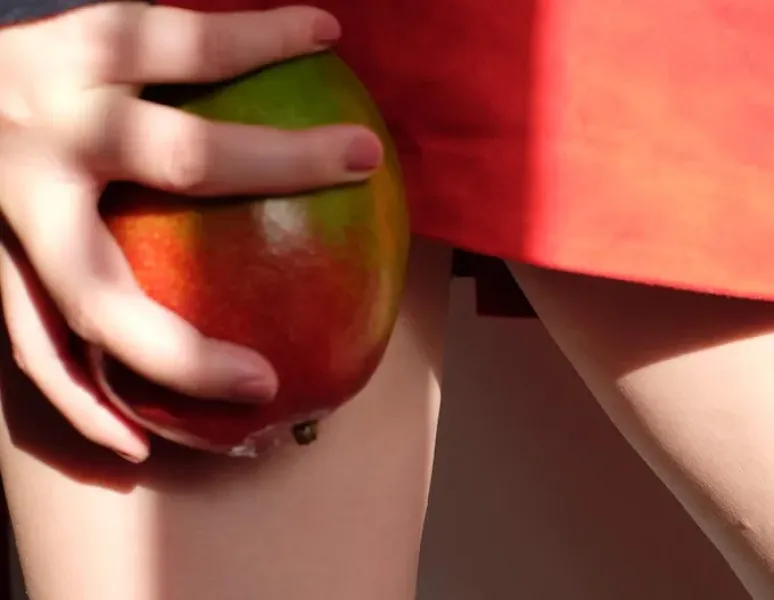 A person holding a mango in front of their pelvic area to represent bladder prolapse.