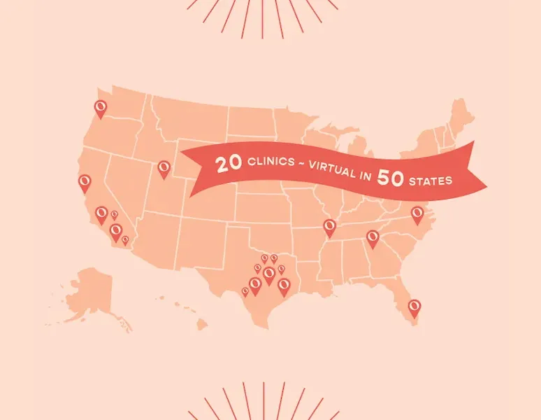 A map of the united states showing locations of Origin clinics plus a banner that reads '20 Clinics - Virtual Care in 50 States'.