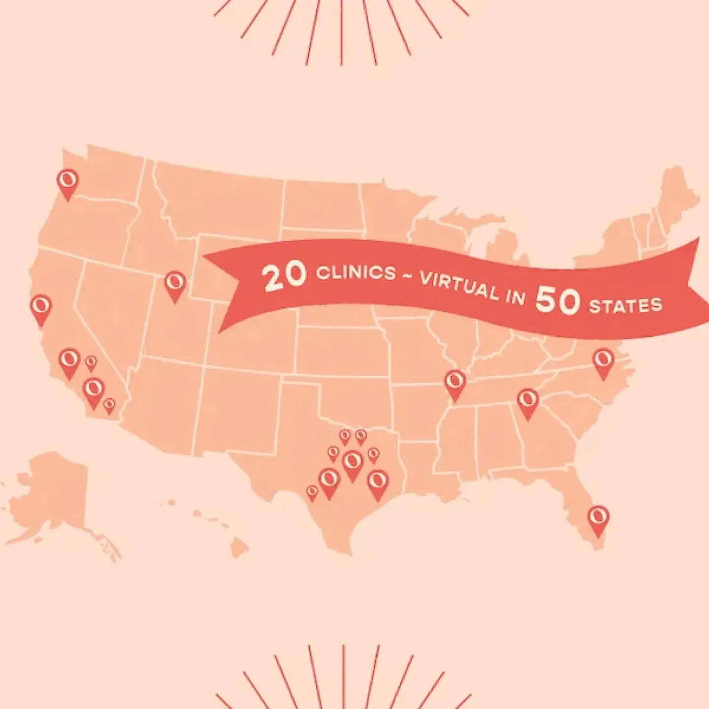 A map of the united states showing locations of Origin clinics plus a banner that reads '20 Clinics - Virtual Care in 50 States'.