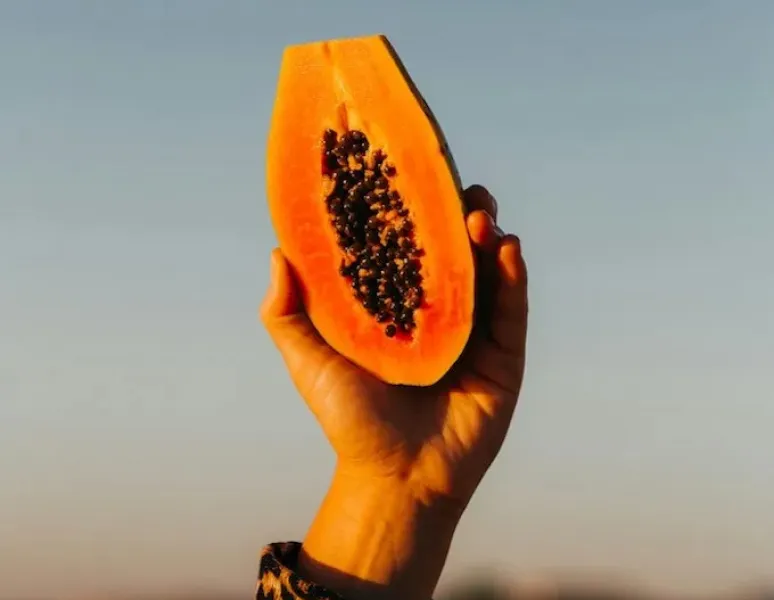 A woman's hand holding up a papaya.