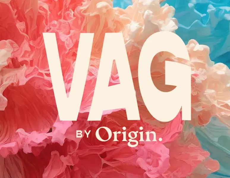 The VAG logo on top of an AI generated image that feels alive with movement and colors of coral, blue, pink, and cream.