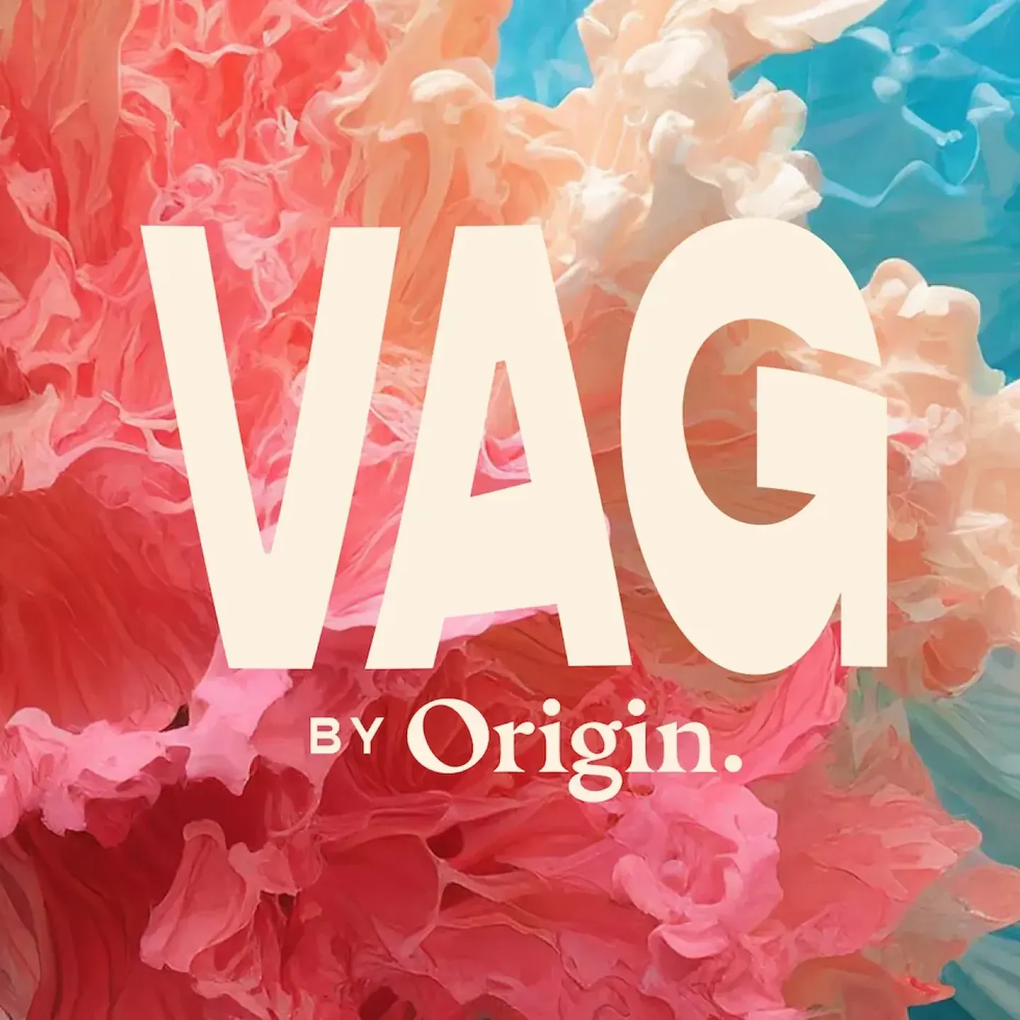 The VAG logo on top of an AI generated image that feels alive with movement and colors of coral, blue, pink, and cream.