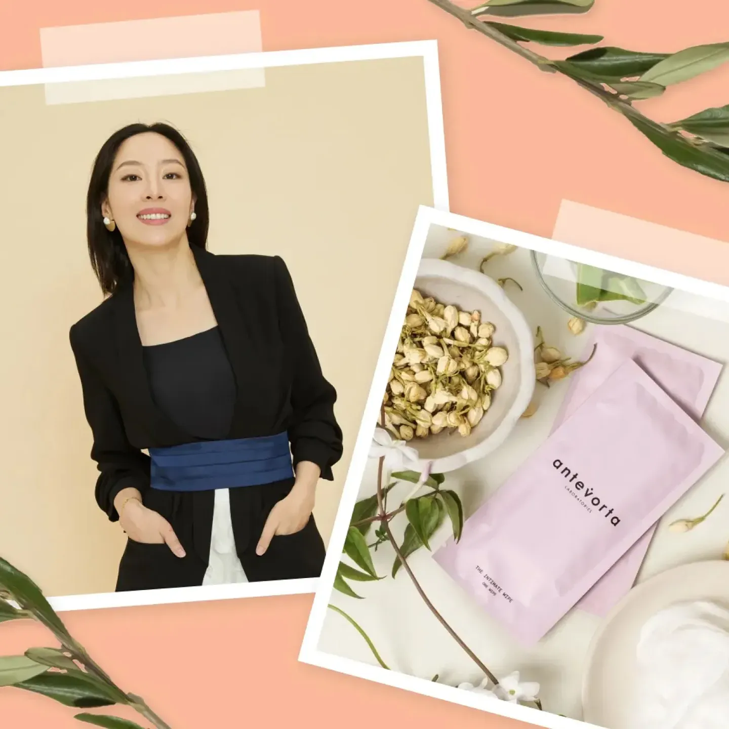 Etiquette expert and Co-Founder of Antevorta Laboratories Sara Jane Ho next to The Intimate Wipe, an Origin favorite.