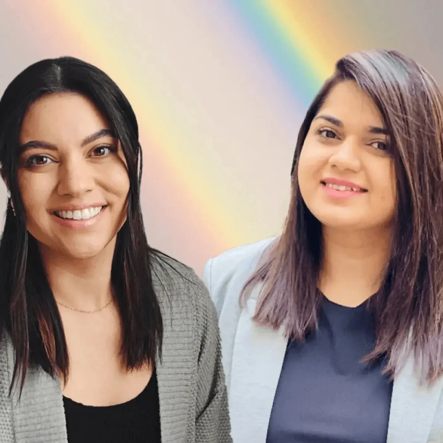 Origin Physical Therapists Dr. Vanessa Amezquita, PT, DPT and Dr. Paaneri Jethwa, PT, DPT with a rainbow in the background in celebration of Pride 2025.