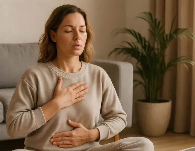 Woman practicing Breathing Techniques For Pelvic Health.