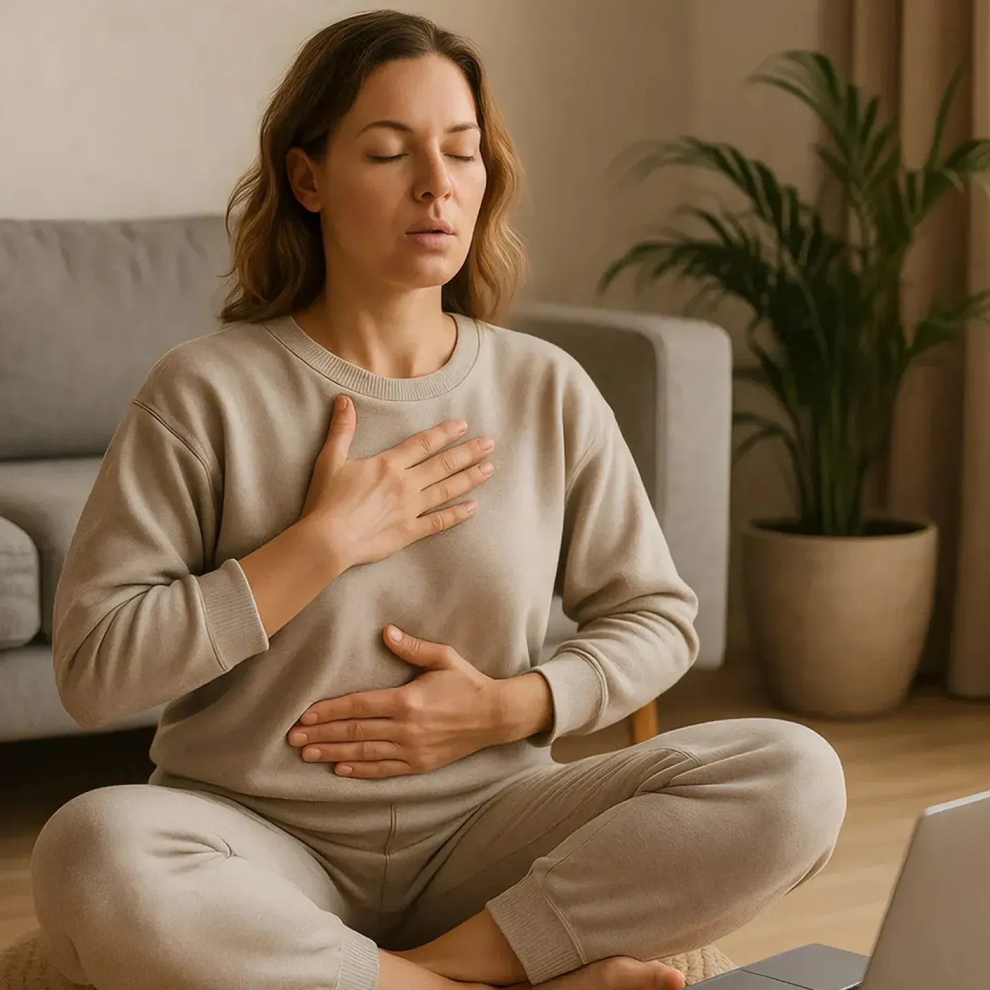 Woman practicing Breathing Techniques For Pelvic Health.