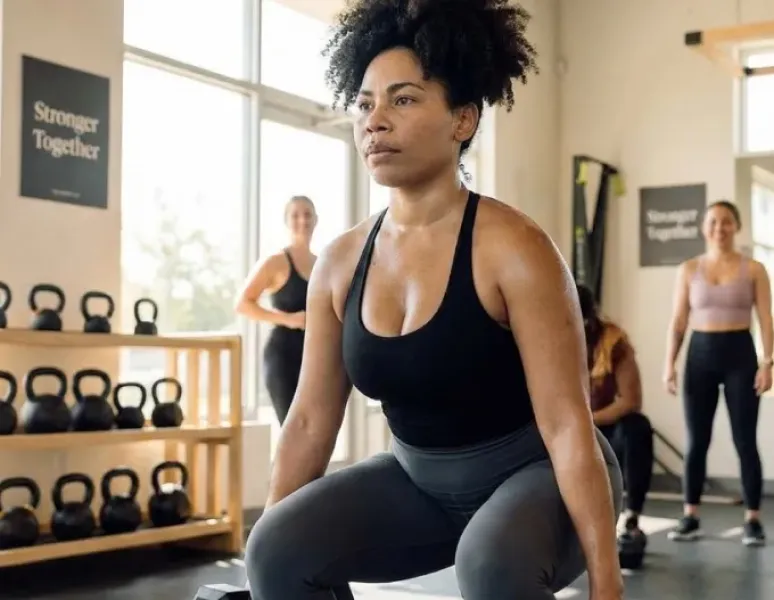 Woman on glp1s who is strength training, protecting her pelvic floor and whole body muscle mass.