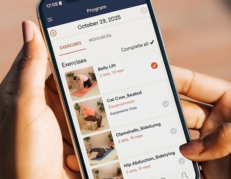 The Origin Way app showing the patient portal with prescribed exercises from their PT.