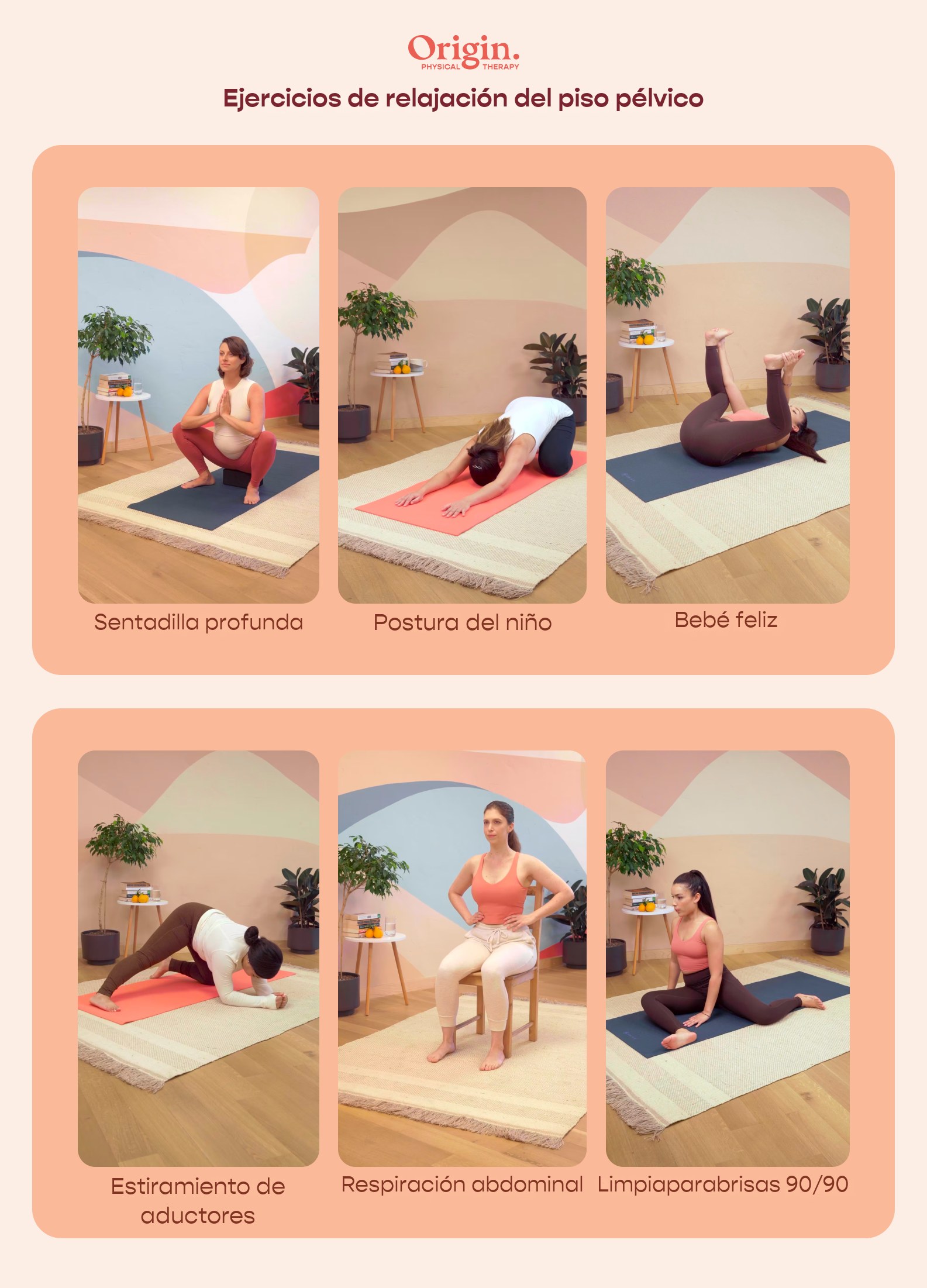 Ejercicios de estiramiento para músculos pélvicos tensos: 6 movimientos para mejorar la flexibilidad: sentadilla profunda, postura del niño, bebé feliz, estiramiento de aductores, respiración abdominal, limpiaparabrisas 90/90 | Origin Pelvic Floor & Whole-Body Physical Therapy.