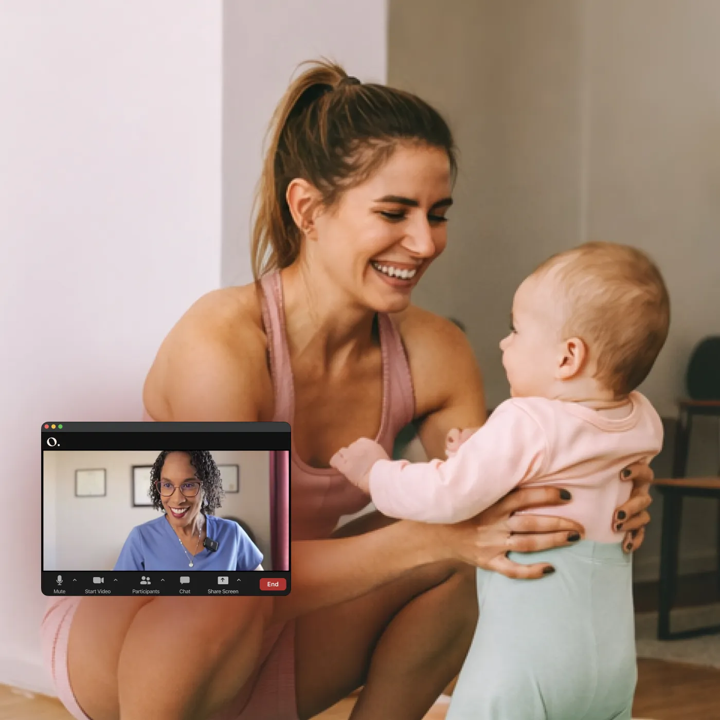 Physical therapy patient with her baby and Zoom screen of Origin physical therapist.