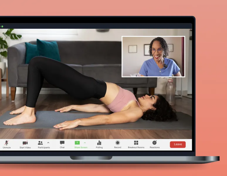 Virtual physical therapy session on zoom, patient is doing a bridge and clinician is guiding her.