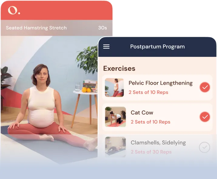 Seated hamstring stretch and other postpartum home exercises in The Origin Way App.