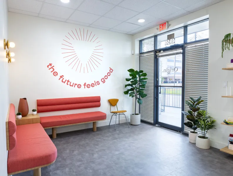 Inside the relaxing, uplifting lobby of Origin’s Houston, Texas clinic.