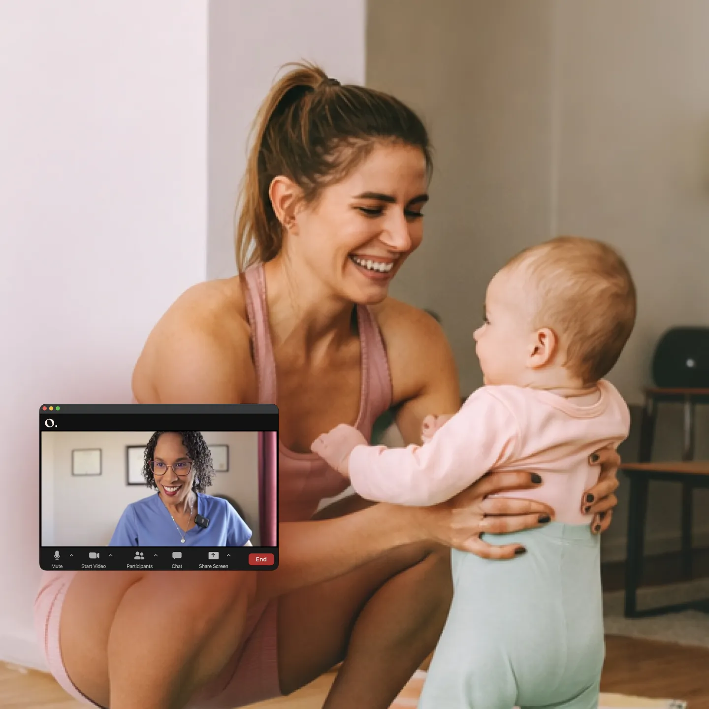Physical therapy patient with her baby and Zoom screen of Origin physical therapist.