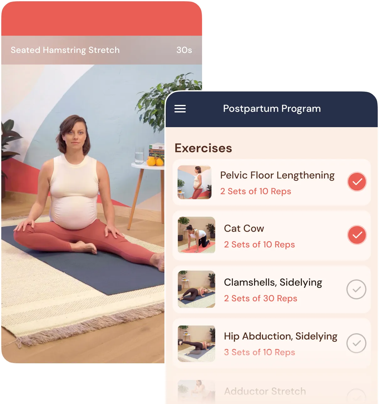Seated hamstring stretch and other postpartum home exercises in The Origin Way App.