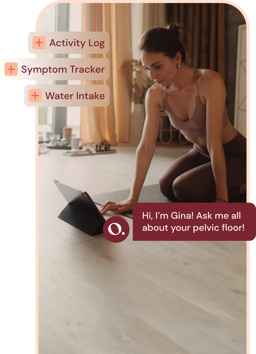 Woman in exercise clothes looking at tablet with symptom journal prompts (including Activity Log, Symptom Tracker, and Water Intake) and ginagpt overlaid, representing Origin On-Track membership benefits.