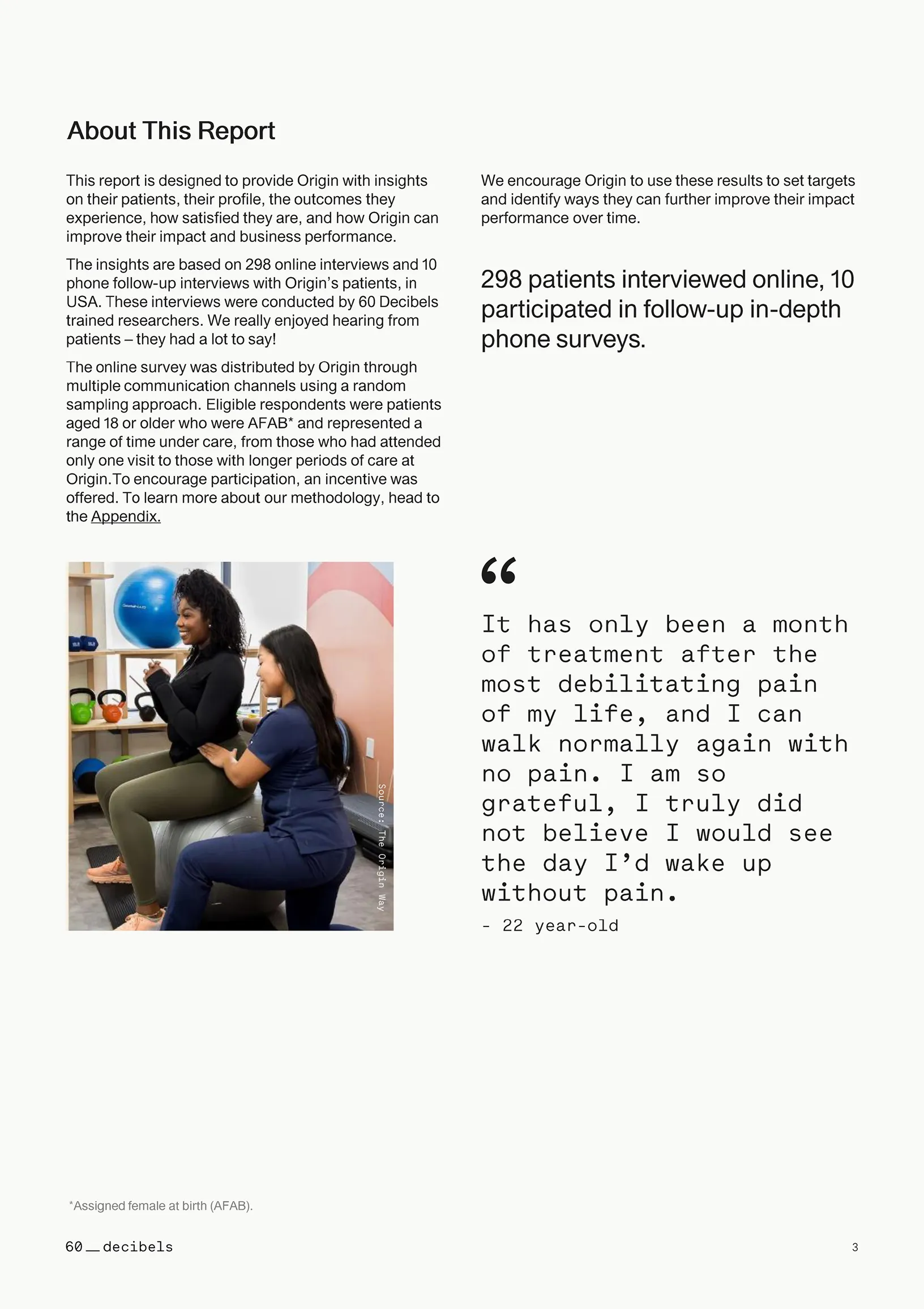 Origin Patient Impact Report Conducted by 60 Decibels.