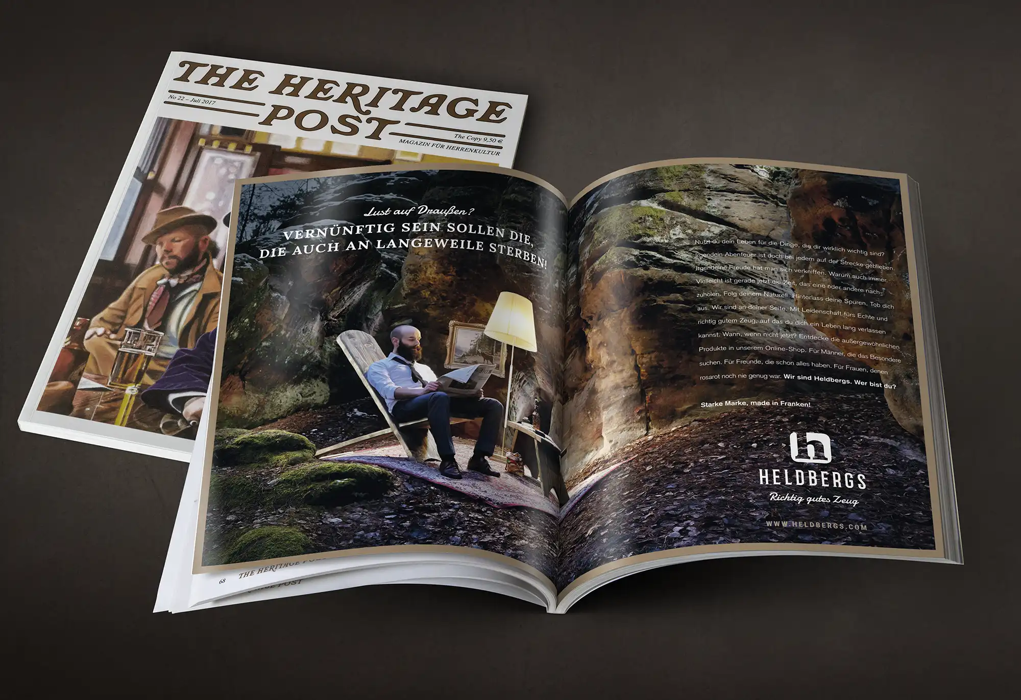 Eine aufgeschlagene Heritage Post mit einer doppelseitigen HELDBERGS Anzeige.