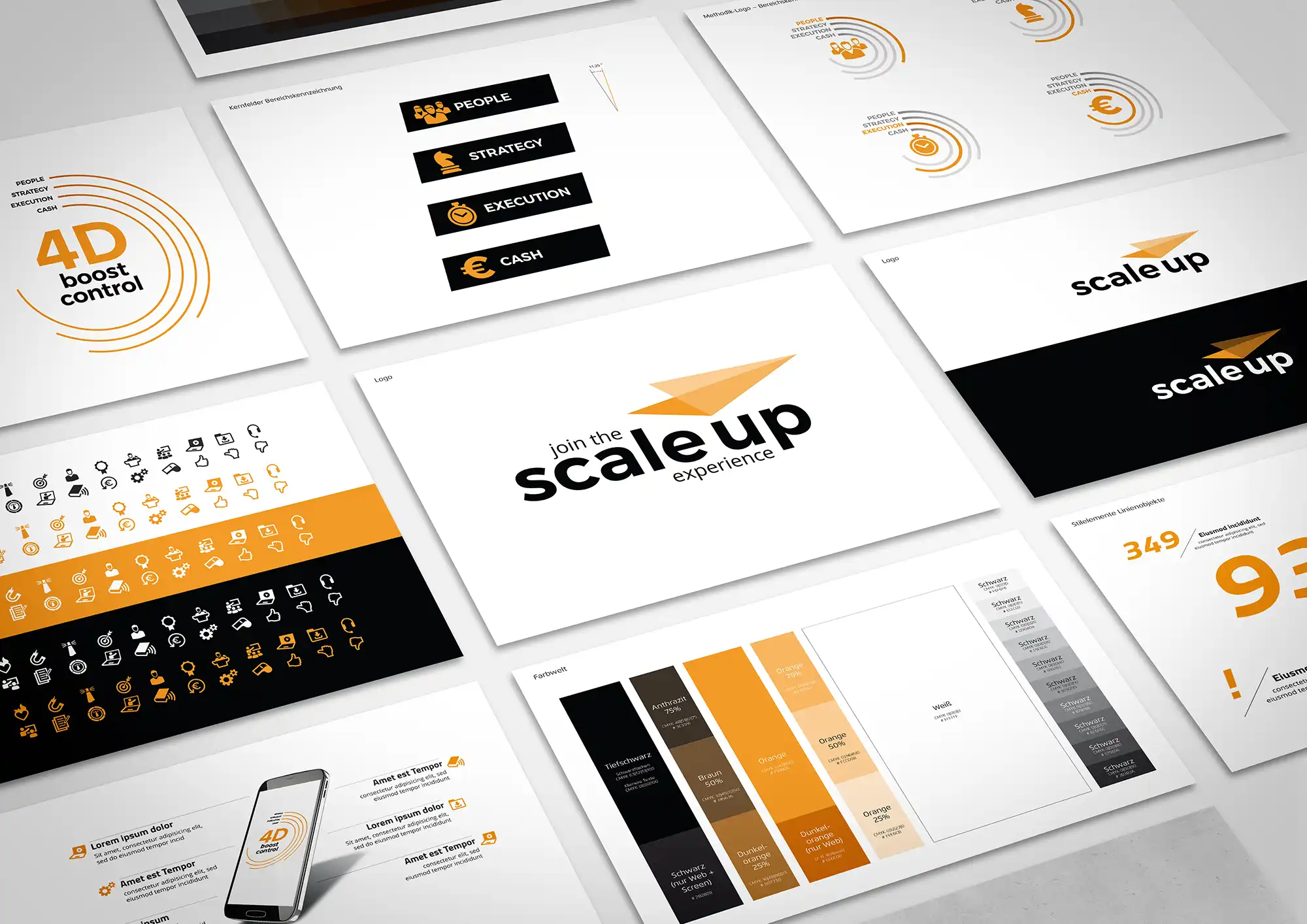 scale-up Corporate Design Übersicht mit Logochart, Iconübersicht, Infografiken, Typografiebeispielen und der Farbwelt.