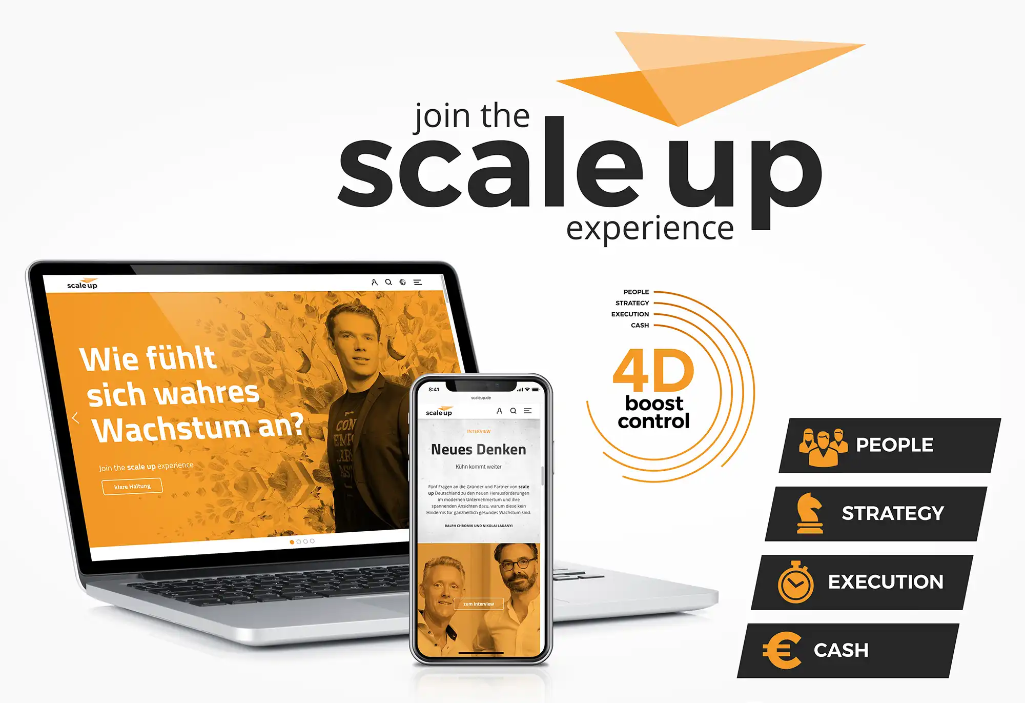 scale-up Corporate Design Abbildung mit Startseiten-Ansichten der Webseite auf Laptop und Hand, dem Logo mit Claim und Submarken.