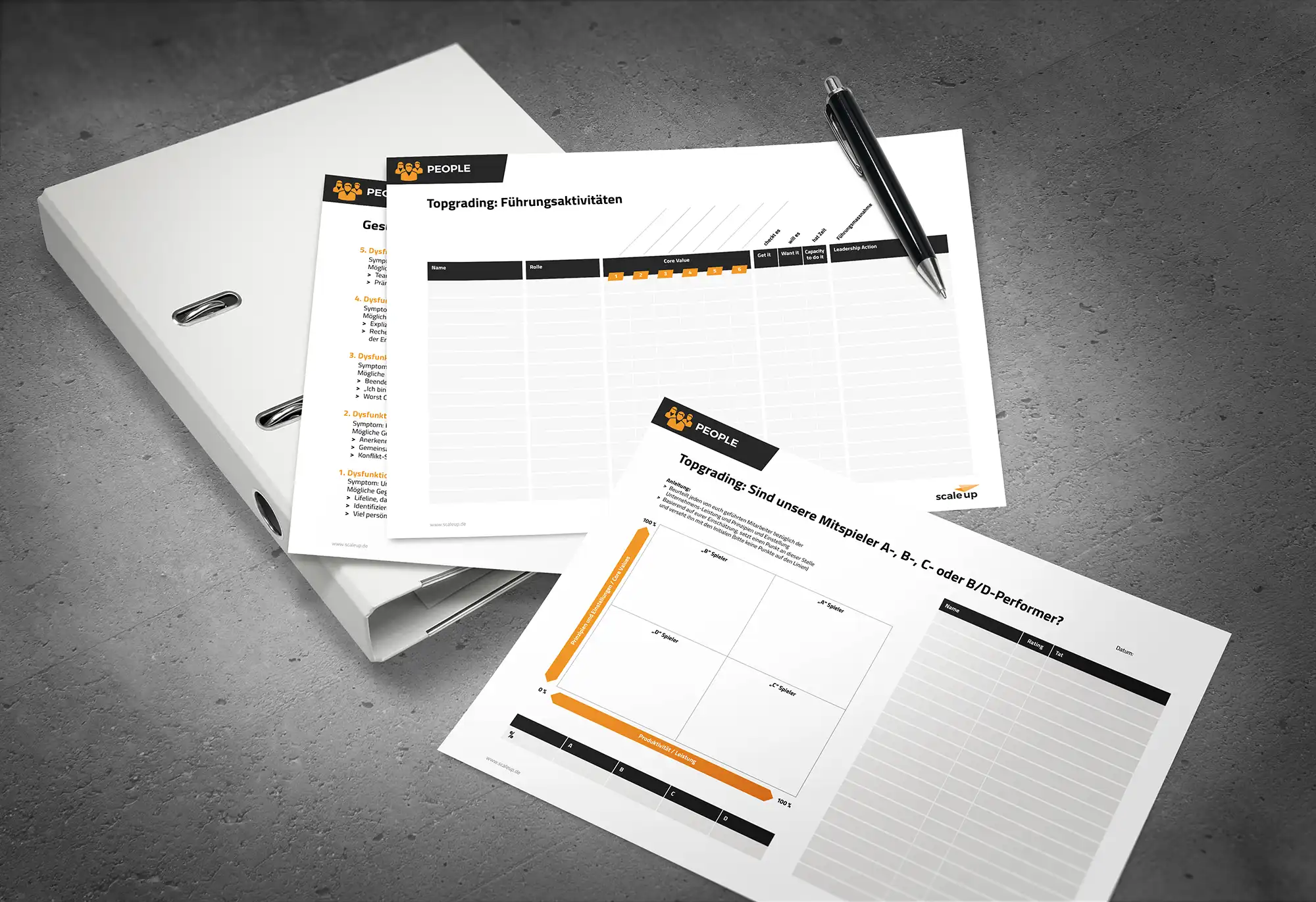 Ein Ein gebrandeter Ordner mit scale-up Worksheets davor.