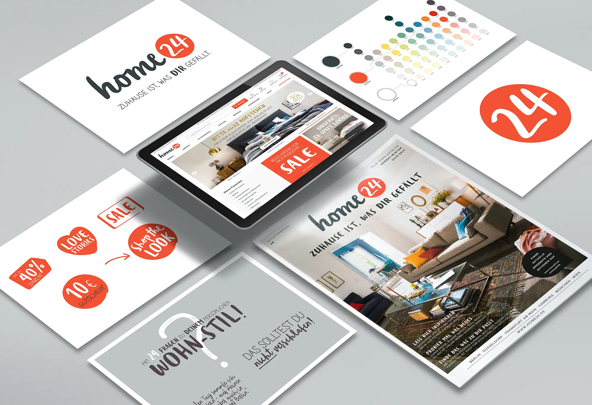 Das home24 Corporate Design-System, bestehend aus Logo mit Claim, Typografie und Icon-Beispiele, Startseitenansicht des Online-Shops und die Farbwelt.