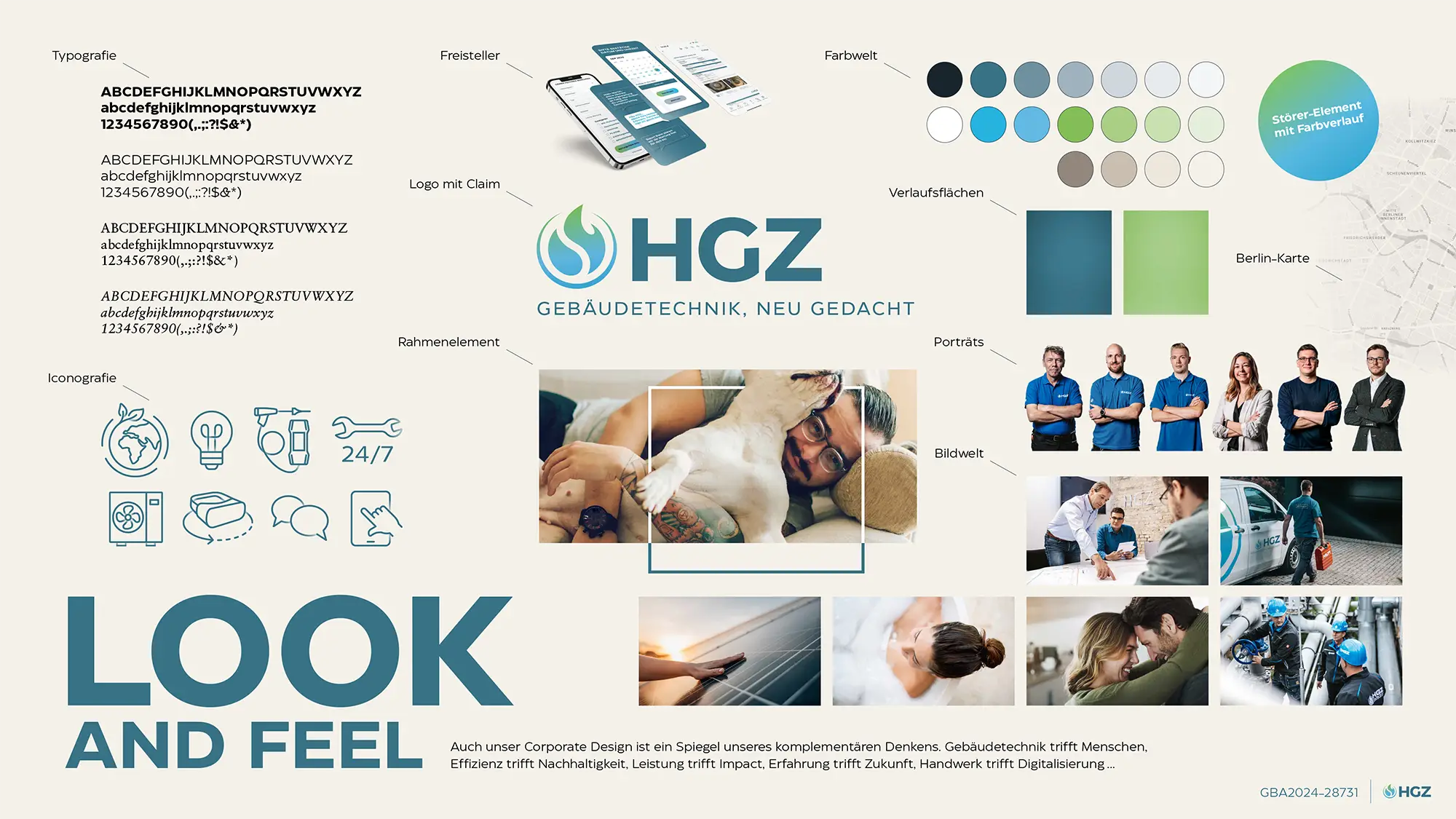 LOOK & FEEL Typografie, Iconografie, Freisteller, Logo mit Claim, Rahmenelement, Farbwelt, Verlaufsflächen, Porträts, Bildwelt, Berlin-Karte: Auch unser Corporate Design ist ein Spiegel unseres komplementären Denkens.