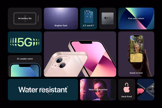 Collage showing iPhone features including no battery life text, brighter flash, 2.2 inch and 9.1 inch screen sizes, A15 chip, five new colors, 5G capability, 2% smaller notch, water resistance, neon sign detection, easier to hold design, and hack proof functionality.