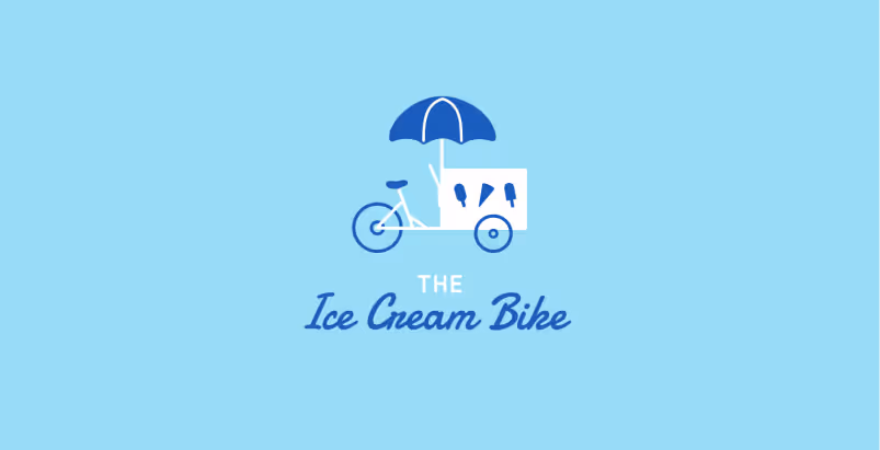 Illustration of an ice cream bike with umbrella on light blue background and text 'The Ice Cream Bike'.