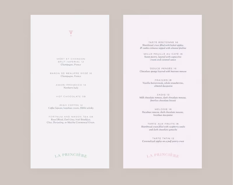 Two menu cards side by side; the left lists beverages including champagnes, prosecco, hot chocolate, Irish coffee, and teas, the right lists desserts such as tarte bretonne, mille-feuille au café, fraiser, and tarte tatin, all with descriptions and prices.