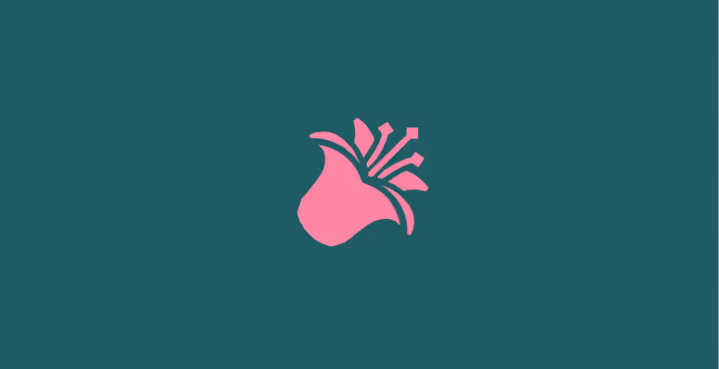 Pink stylized flower icon on a dark teal background.