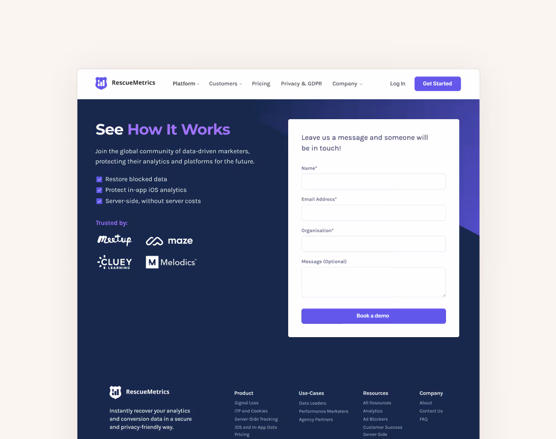 RescueMetrics webpage section showing 'See How It Works' with benefits listed and a contact form to book a demo.