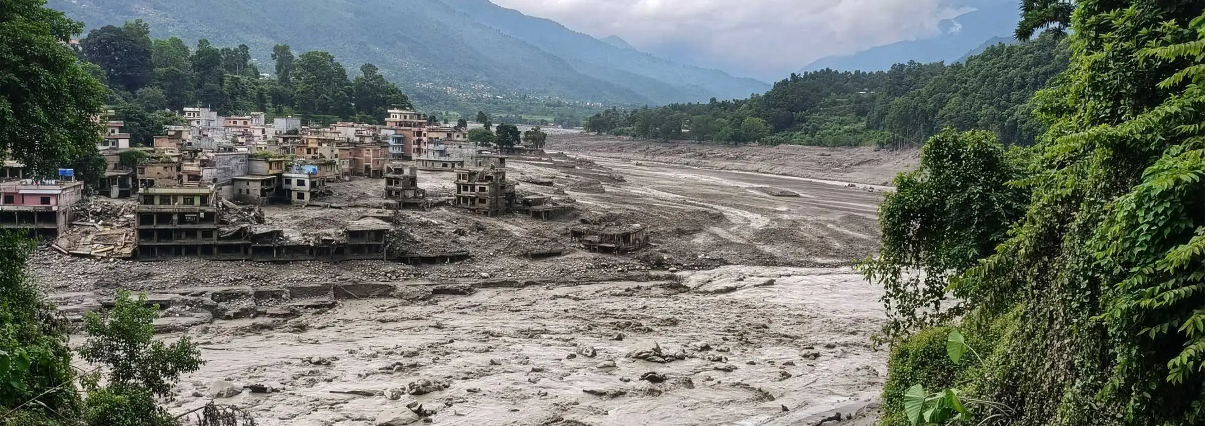 Des bâtiments détruits par les inondations au Népal.