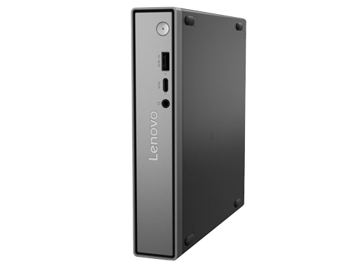 Kleiner Lenovo Desktop-Computer in Grau und Schwarz, stehend, mit sichtbaren USB- und Audioanschlüssen auf der Vorderseite.