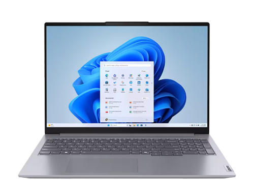 Lenovo ThinkBook 16 Gen 7 Laptop mit geöffnetem Bildschirm, der Windows 11 Startmenü zeigt, silbernes Gehäuse mit Tastatur und Touchpad.