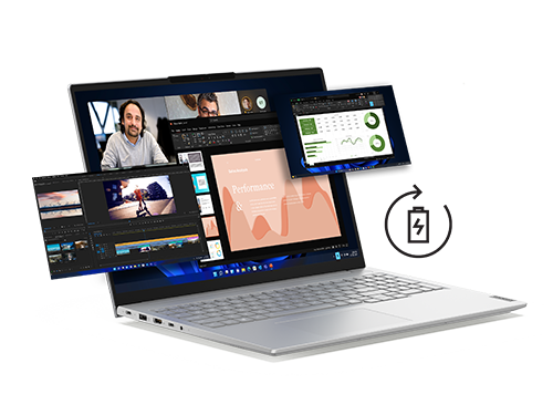 Silbernes Lenovo Laptop mit mehreren überlappenden transparenten Fenstern auf dem Bildschirm, die Videoanrufe, Präsentationen, Tabellen und Mediendateien zeigen, neben einem Symbol für Akkuaufladung mit Pfeilen im Kreis.
