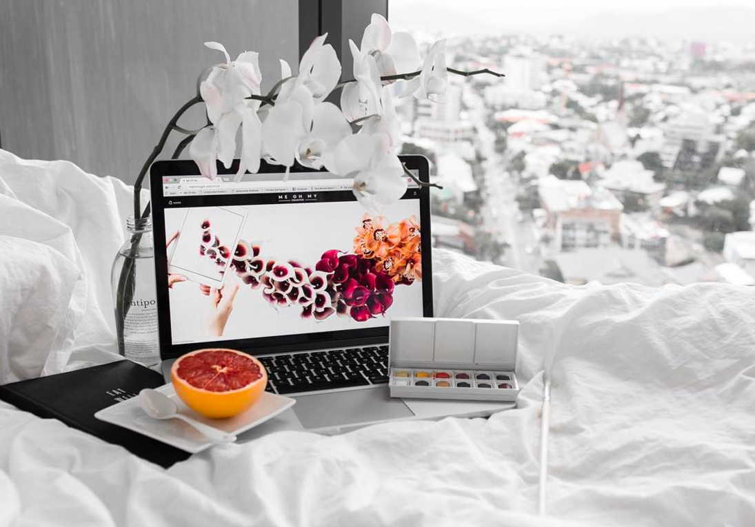 Laptop and paint palette on the bed with a half grapefruit