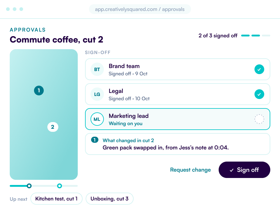 Platform screen: comments and sign-off on an ad cut