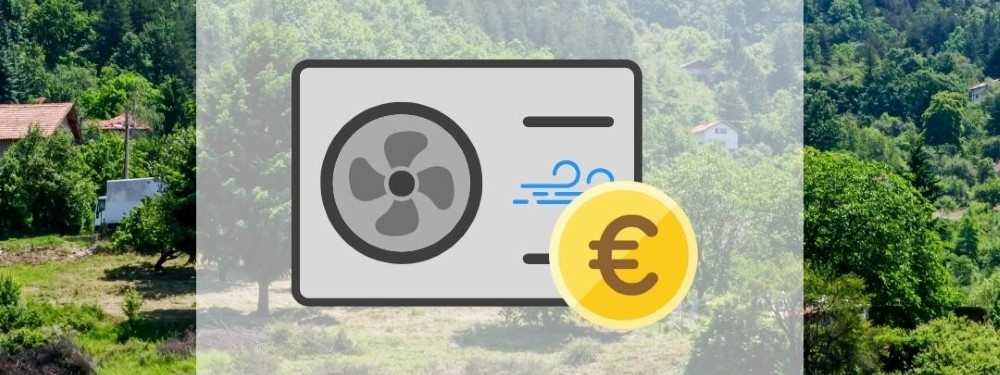 Icon einer Luft-Wärmepumpe und eines Euro-Zeichens vor einem Garten