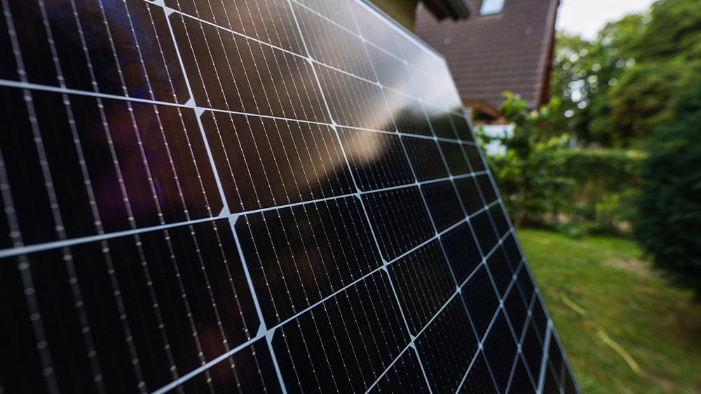 Nahaufnahme eines Solarmoduls, das in einem Garten steht.