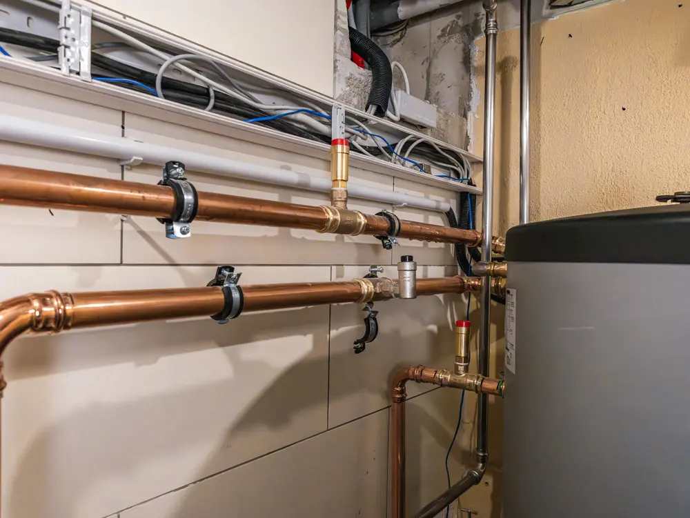 Verschiedene Heizungsrohre an einer Wand