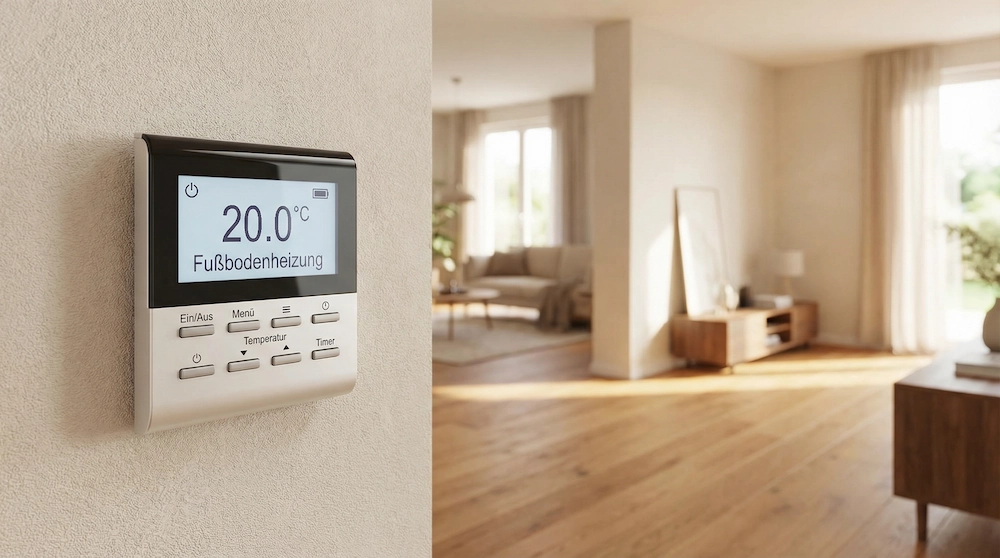 Thermostat einer Fußbodenheizung an der Wand zeigt 20,0 Grad Celcius an