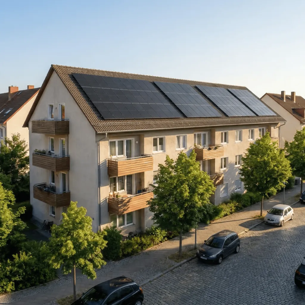 Wohnhaus mit mehreren Balkonen und Solarzellen auf dem Dach an einer von Bäumen gesäumten Straße mit parkenden Autos.