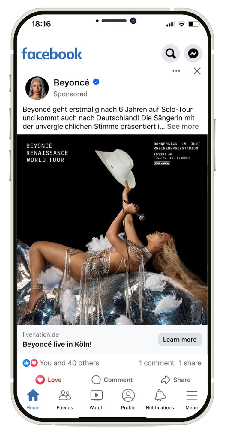 Mobile-Bildschirm gesponserten Facebook-Anzeige, die von NYBA fĂĽr Beyonce gemacht wurde