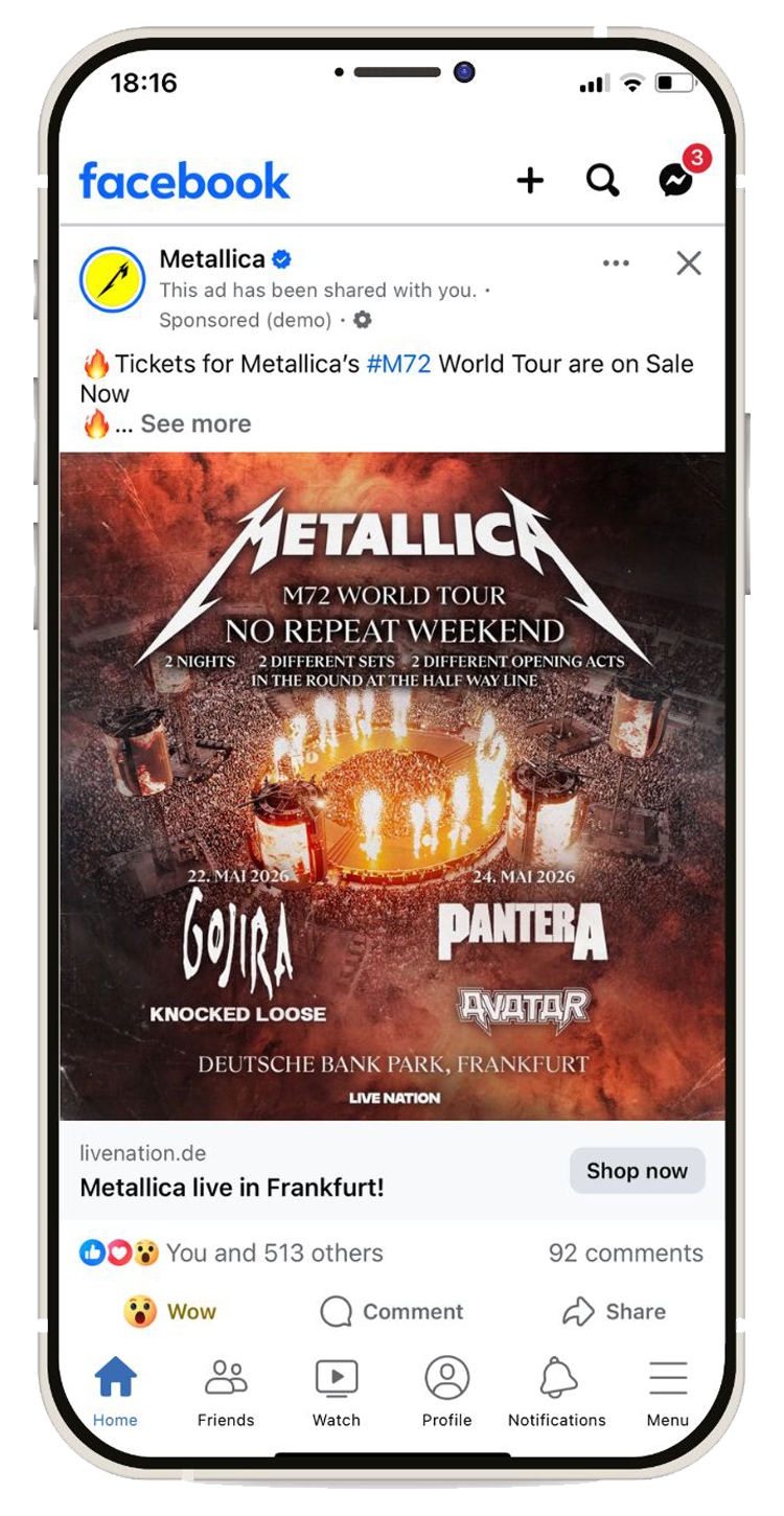 Mobile-Bildschirm gesponserten Facebook-Anzeige, die von NYBA fĂĽr Metallica gemacht wurde