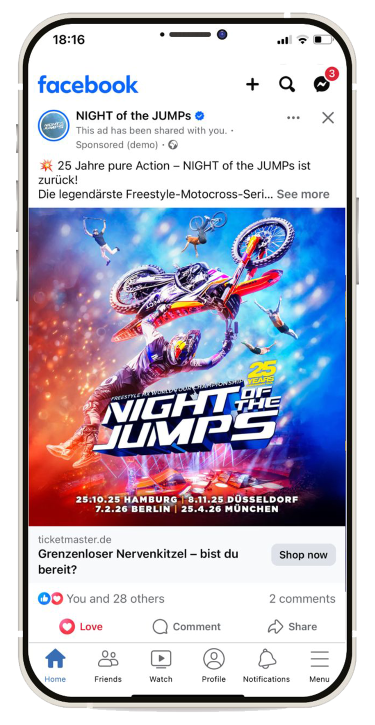 Mobile-Bildschirm gesponserten Facebook-Anzeige, die von NYBA fĂĽr Night of the Jumps gemacht wurde