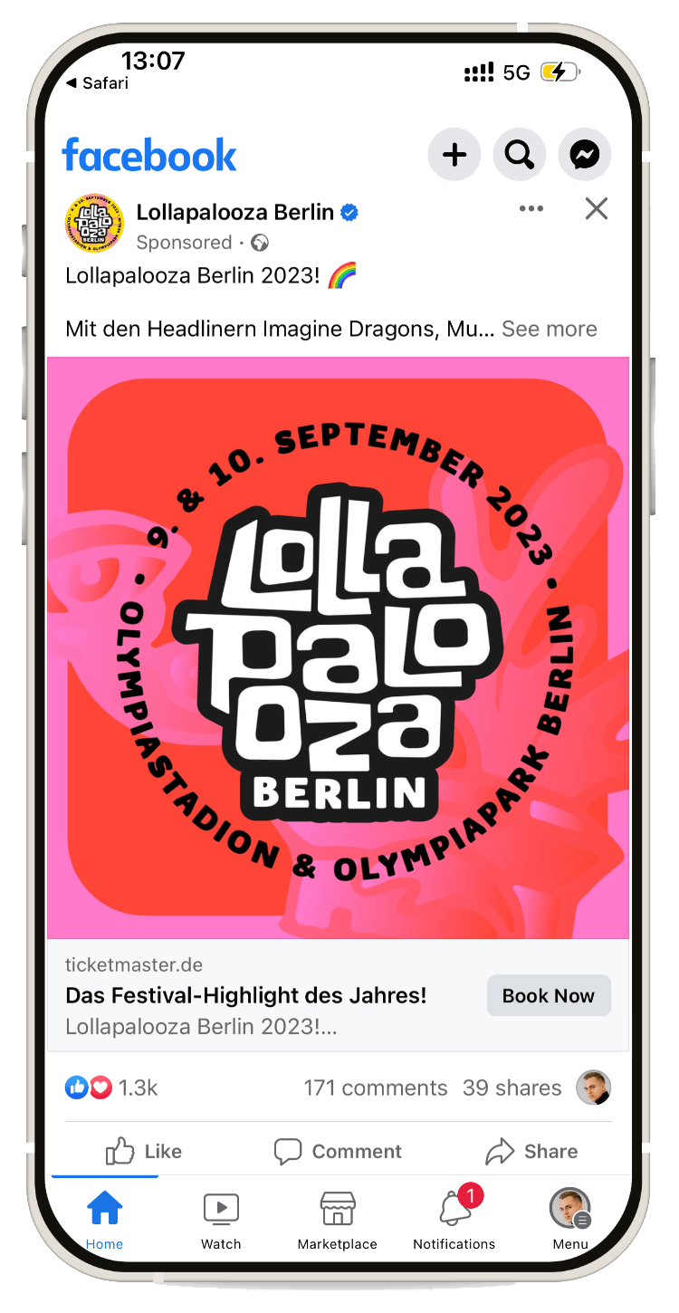 Mobile-Bildschirm gesponserten Facebook-Anzeige, die von NYBA fĂĽr Lollapalooza gemacht wurde