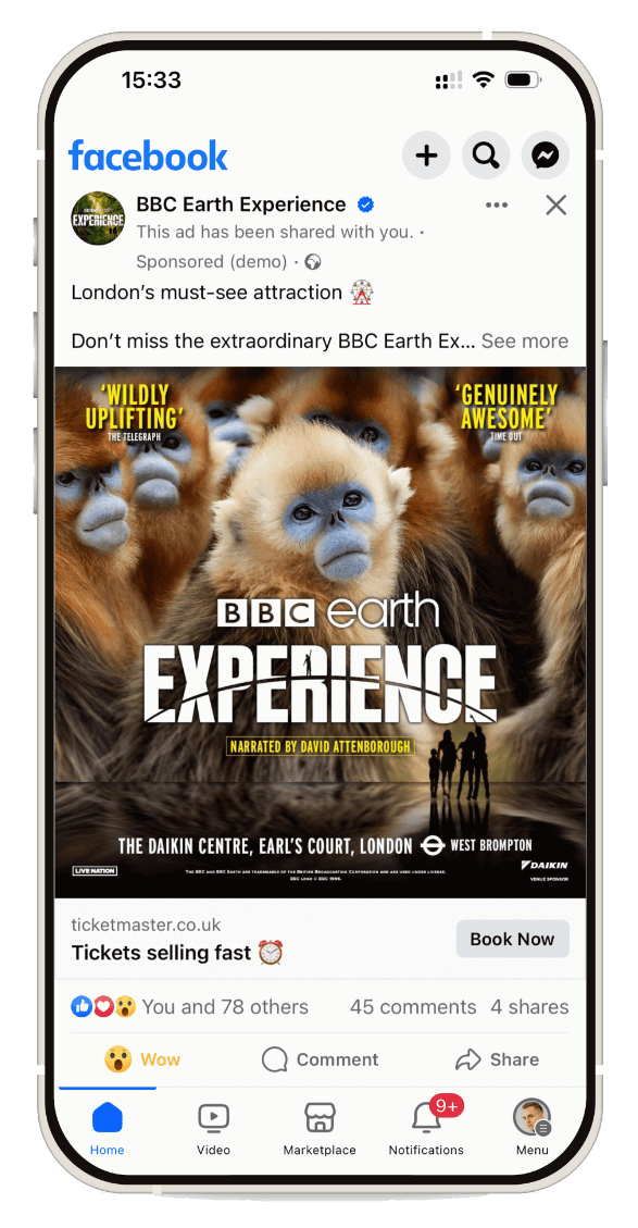 Mobile-Bildschirm gesponserten Facebook-Anzeige, die von NYBA fĂĽr BBC Earth gemacht wurde
