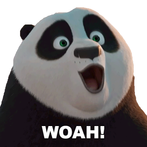 a panda bear with its mouth wide open and the words woah written below it